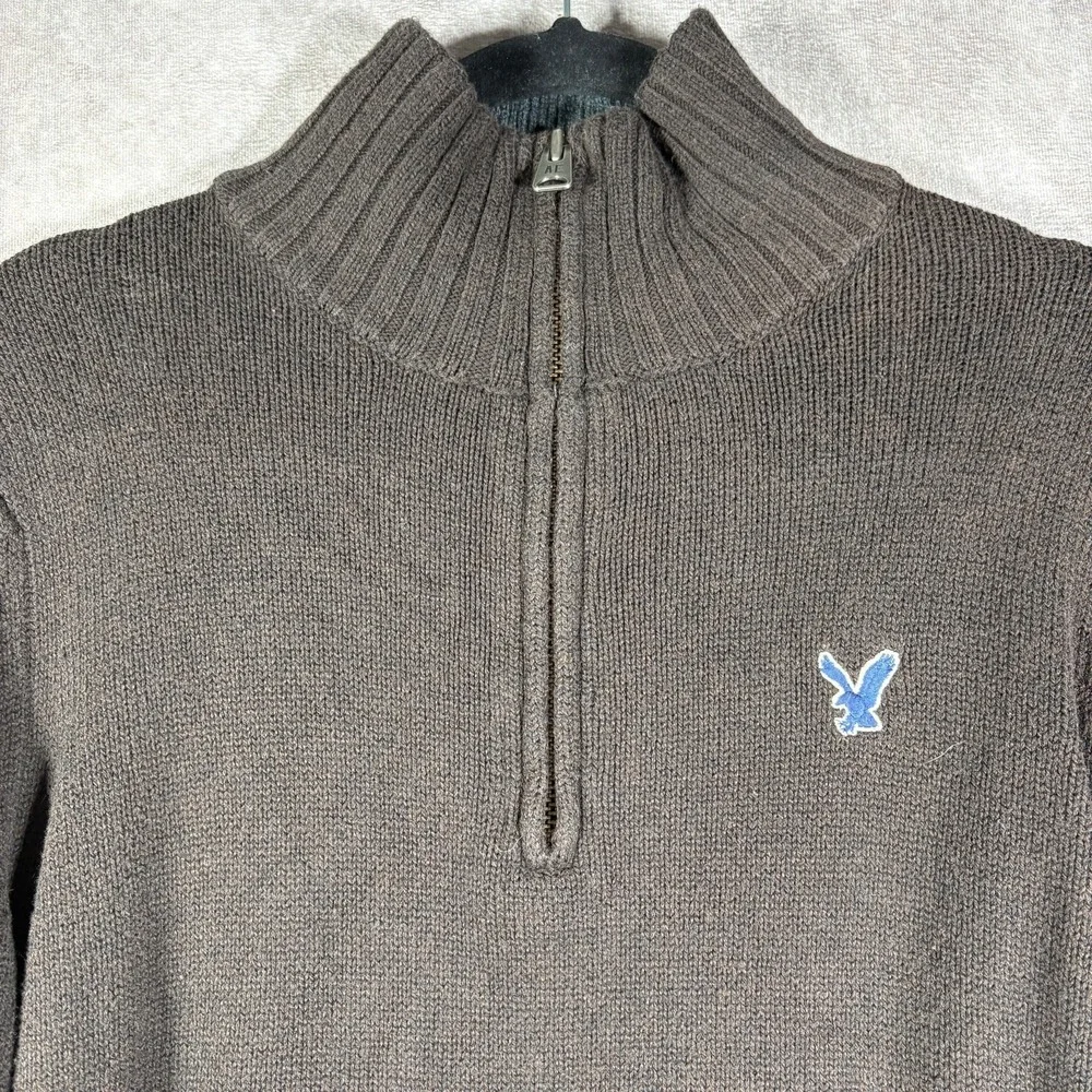 American Eagle Sweater Mens Medium Brown Knit Quarter Zip Pullover Preppy Y2K